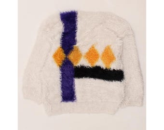 Jersey vintage de mujer con cuello barco, talla UK 14 mediana, blanco, estampado de rombos/diamantes.