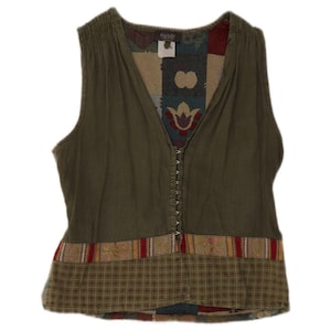 Blusa camisera vintage sin mangas para mujer, talla IT 44, color caqui medio, patchwork.