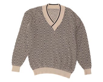 Suéter vintage de cuello en V para hombre IT 52, grande, blanco, rombos/algodón de diamantes