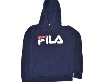 Fila womens graphic hoodie jumper UK 10 small navy blue cotton
