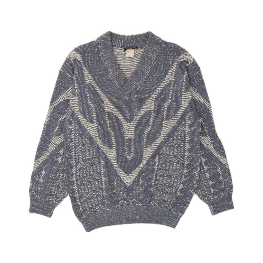 VINTAGE Herren Abstraktes Muster V-Ausschnitt Pullover Pullover IT 50/52 Mittelblau