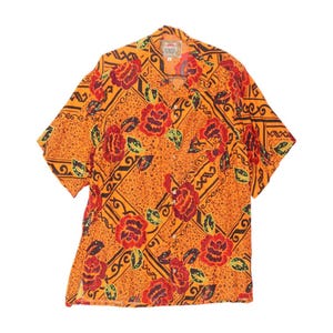 VINTAGE Mens Short Sleeve Shirt Medium Orange Floral Viscose