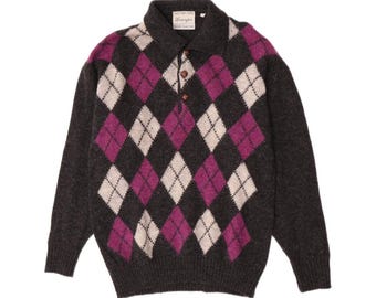 Jersey de cuello alto vintage para hombre, talla grande, gris, con estampado de rombos/argitos, lana virgen.