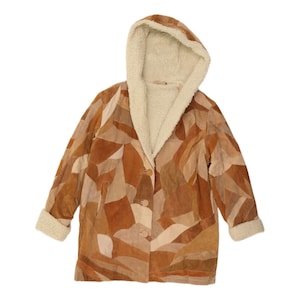Vintage dames sherpa overjas met capuchon, maat UK 18 XL, bruin patchwork leer