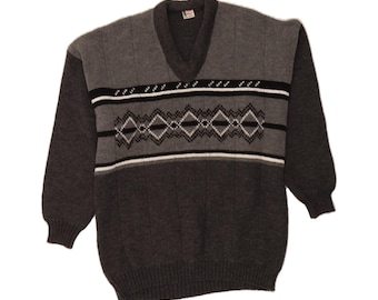 Vintage mens v-neck jumper sweater XL grey argyle/diamond wool