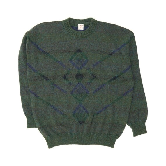 VINTAGE Mens Loose Fit Crew Neck Jumper Sweater Small Green Argyle/Diamond