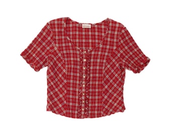 Vintage Womens Crop Short Sleeve Shirt Blouse UK 14 Large Red Check Cotton