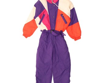 Mono de esquí vintage para mujer, talla UK 10 pequeña, color morado con bloques de color.