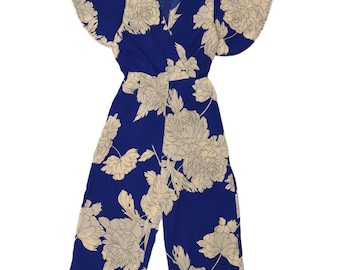 Mono vintage para mujer, talla UK 12, azul medio con estampado floral.