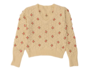 Jersey corto vintage de mujer con cuello en V, talla UK 12 (mediana), color blanco roto con estampado floral.