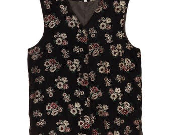 Vintage damesveloursbodywarmer VK 12 medium zwarte bloemenacetaat