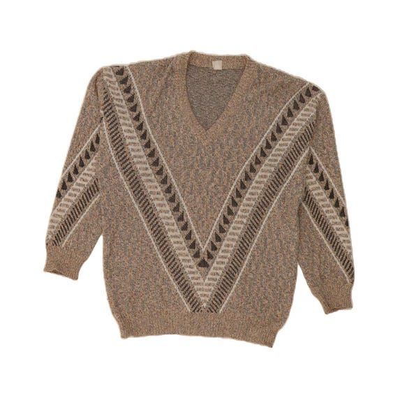 VINTAGE Mens V-Neck Jumper Sweater IT 52/54 Large Beige Striped