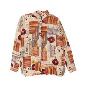 Vintage Womens Graphic Shirt Blouse EU 40 Medium Beige Patchwork Viscose