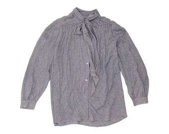 Blusa camisera vintage de mujer con lazo frontal, talla UK 16, azul con lunares.