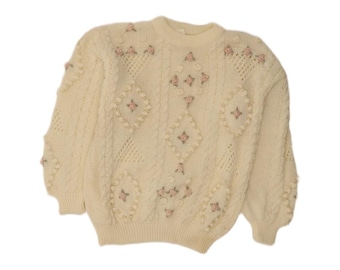 Vintage Damen Rundhalspullover Pullover UK 40 XL Off White Floral