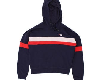 Fila womens graphic hoodie jumper UK 10 small navy blue colourblock cotton
