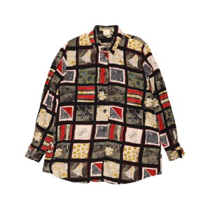 Vintage damskjortblus UK 16 Stor Flerfärgad Patchwork Viskos