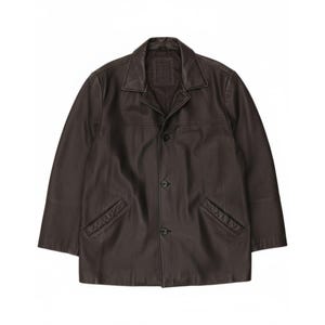 May include: A dark brown leather jacket featuring a classic collar, a front button closure with three visible buttons, long sleeves, and two slanted welt pockets on the lower front. The jacket has a smooth finish and structured seams.