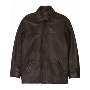 May include: A dark brown leather jacket featuring a classic collar, a front button-down closure with four visible buttons, long sleeves with cuffs, and two slanted welt pockets positioned at the lower front section of the garment.