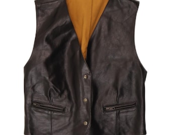 VINTAGE Womens Leather Waistcoat IT 46 Large Black Leather