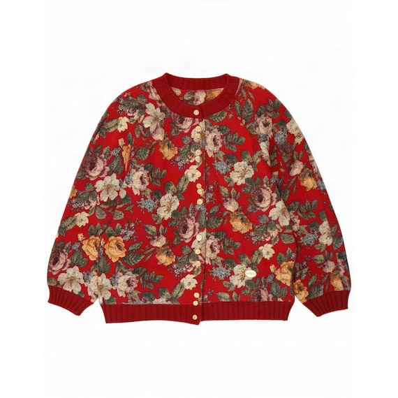 Vintage Womens Oversized Cardigan Sweater IT 48 XL Red Floral Cotton