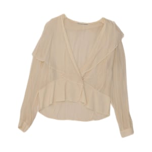 May include: A cream-colored long-sleeve blouse featuring a deep V-neckline, a draped collar with ruffled detailing, and a fitted waist panel. The garment is crafted from a lightweight, semi-sheer fabric with long sleeves that end in simple cuffs.