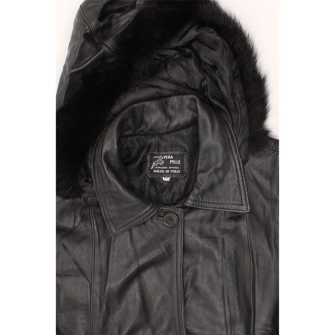 VINTAGE Womens Hooded Leather Coat UK 20 2XL Black Leather