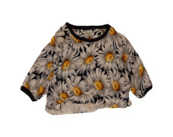 Top corto vintage para mujer, talla UK 12 (mediana), azul marino con estampado floral.