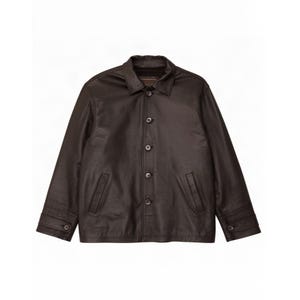 May include: A dark brown leather jacket featuring a classic point collar, a front button-down closure with five visible buttons, two vertical side pockets, and long sleeves with buttoned cuffs. The jacket has a smooth finish and a structured fit.