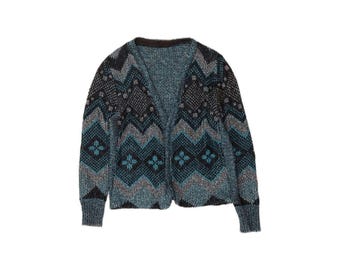 VINTAGE Womens Crop Cardigan Sweater UK 12 Medium Blue Fair Isle