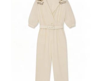 Vintage Womens 3/4 Sleeve Jumpsuit UK 16 Large White Colourblock