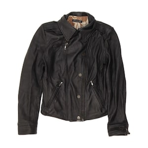 VINTAGE Veste courte de motard en cuir pour femmes UK 14 Grand cuir noir