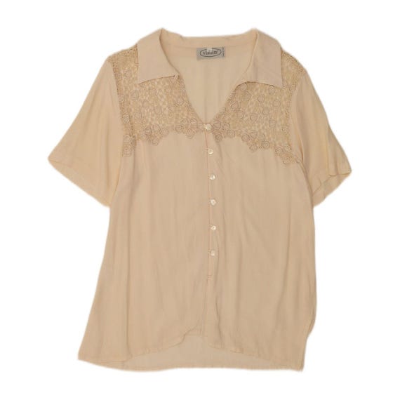 Vintage Womens Short Sleeve Shirt Blouse UK 20 2XL Beige Silk