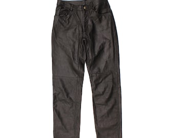 Pantalones casuales de cuero rectos vintage para mujer, talla W26 L26, color negro.