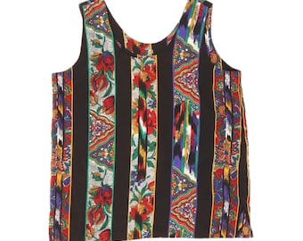 Vintage Damen ärmelloses Blusentop 46 groß schwarz geblümt