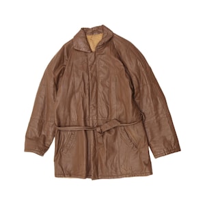 May include: A brown leather jacket featuring a wide collar, long sleeves, and a matching tie belt at the waist. The jacket has a smooth, slightly textured surface with visible seam detailing throughout the front and two side pockets.