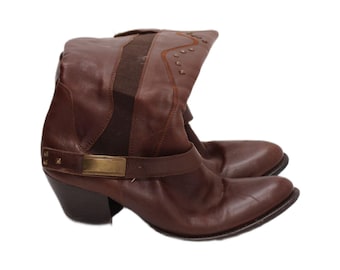 Botas vaqueras de cuero vintage para mujer, talla 6 del Reino Unido, color marrón, estilo western.