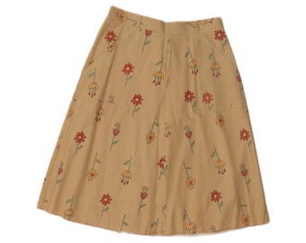 Falda vintage de mujer de talle alto y corte en A, talla IT 46 (grande, W30), color beige con estampado floral.