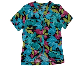 Chemisier chemise à manches courtes pour femme vintage UK 14 Medium multicolore floral