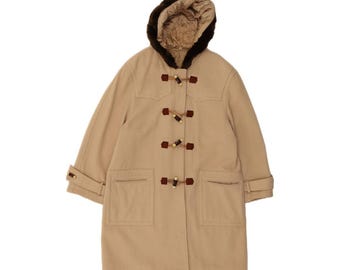 VINTAGE Womens Hooded Duffle Coat IT 46 Large Beige Wool