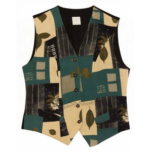 May include: A sleeveless vest featuring a patchwork design in shades of teal, cream, and black. The garment includes floral and geometric patterns, a V-neckline, five dark buttons down the front, and two small welt pockets at the lower waist area.