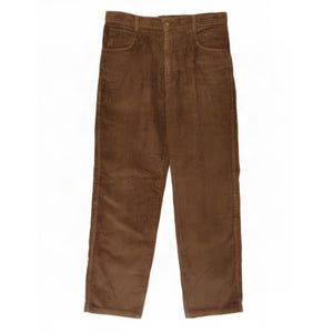 May include: A pair of brown corduroy trousers featuring a vertical ribbed texture, a high-waisted design with a button fastening at the centre, belt loops, and two front pockets. The trousers have a straight-leg cut and a consistent dark brown colour.