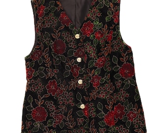 Vintage Womens Velvet Waistcoat UK 18 XL Black Floral Acetate