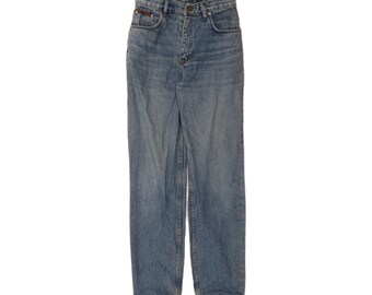 Jeans vintage da donna a vita alta affusolata, taglia IT 42 (media), larghezza 30 cm, lunghezza 32 cm, blu, cotone.