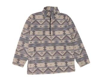 Vintage Womens Zip Neck Fleece Jumper UK 16 Large Blue Geometric