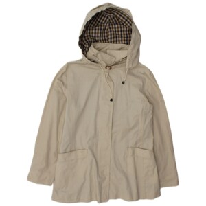 May include: A beige hooded jacket featuring a front zipper closure, long sleeves, and two front pockets. The interior of the hood is lined with a blue, brown, and white checkered pattern. The jacket includes a drawstring with toggles at the neck.