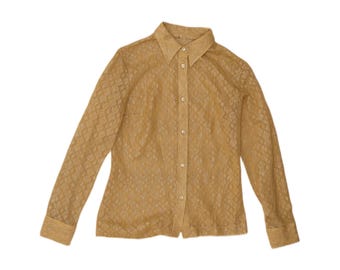 Vintage Womens Lace Shirt Blouse UK 12 Medium Gold Floral