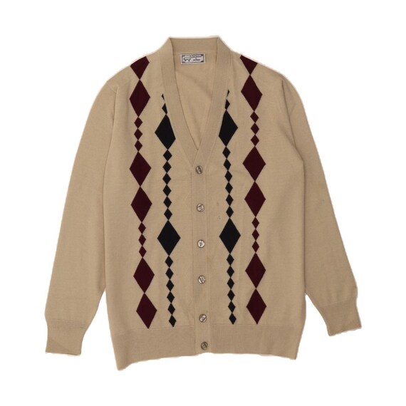 Suéter cárdigan vintage para hombre XL beige rombos/lana diamante