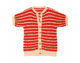 VINTAGE Womens Short Sleeve Cardigan Sweater UK 12 Medium Red Striped