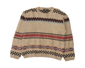 Vintage Mens Crew Neck Jumper Sweater Small Beige Fair Isle Wool